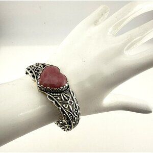 Carolyn Pollack Bracelet Pink Heart Rhodonite Cuff Sterling Silver Hinged 38g